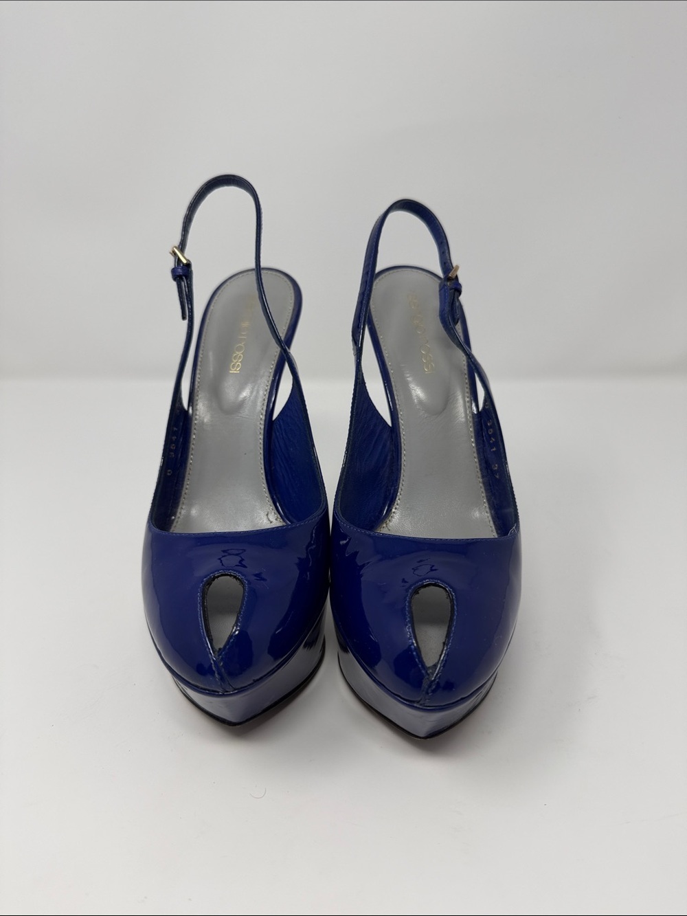 Sergio Rossi Blue Patent Slingback Peep-Toe Heels